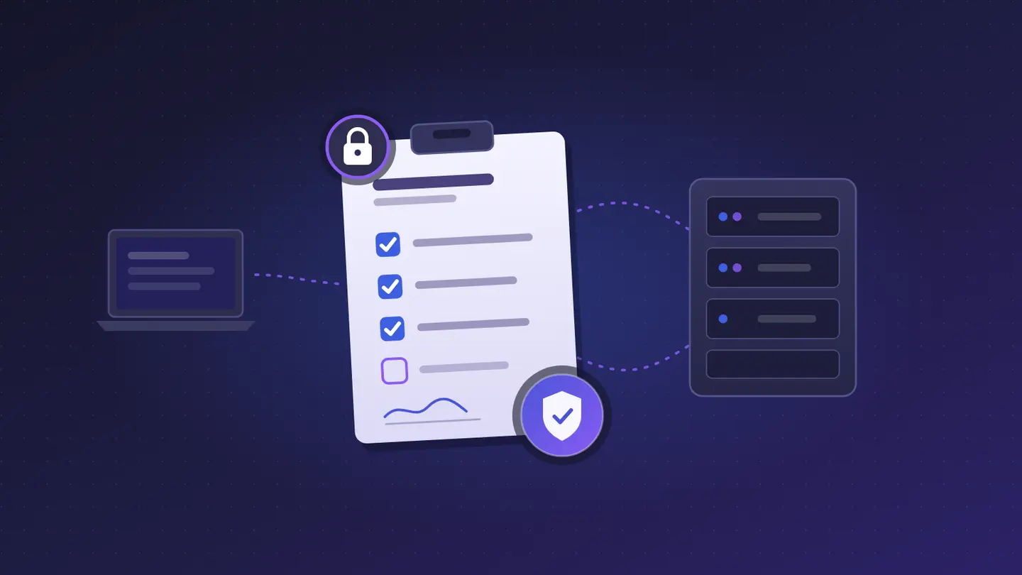 Grafik: Klemmbrett mit Checkliste, Schloss und Schild, verbunden mit Laptop und Server