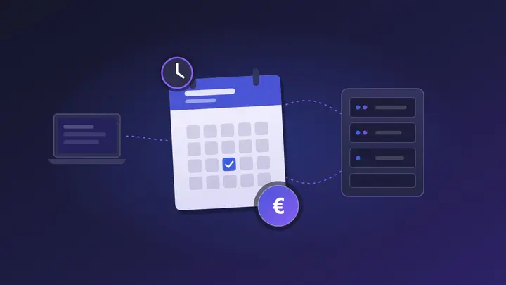 Grafik: Kalender mit Haken, Uhr und Euro-Symbol zwischen Laptop und Server