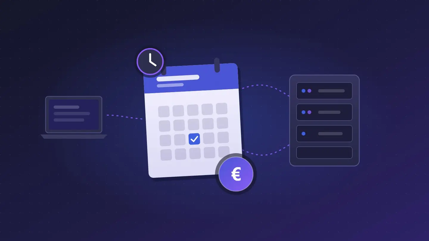 Grafik: Kalender mit Haken, Uhr und Euro-Symbol zwischen Laptop und Server