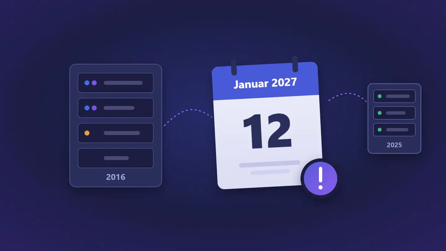 Grafik: Server mit Windows Server 2016, Kalenderblatt 12. Januar 2027 mit Warnhinweis und neuer Server 2025