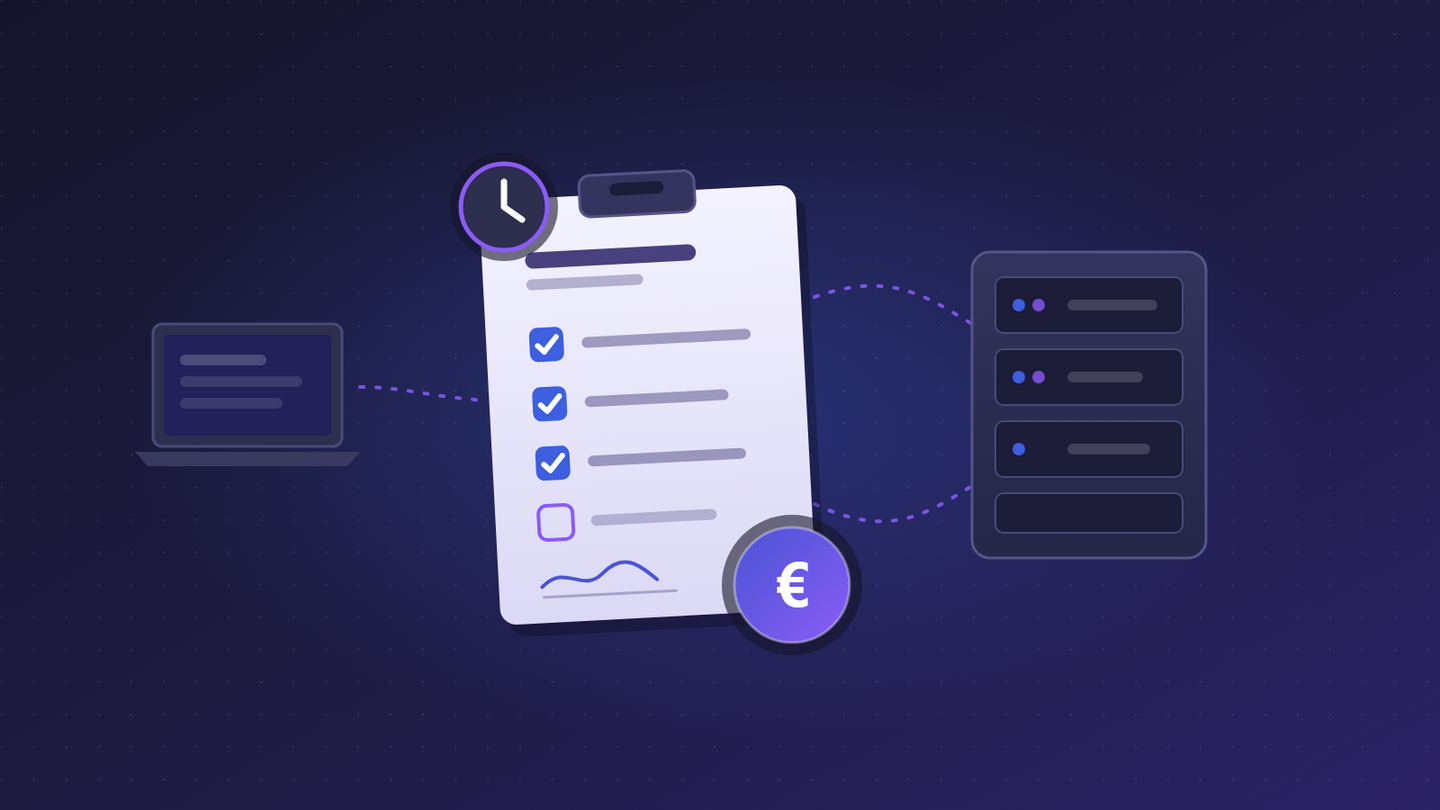 Grafik: Klemmbrett mit Checkliste für den IT-Wartungsvertrag, daneben Uhr, Euro-Zeichen, Laptop und Server