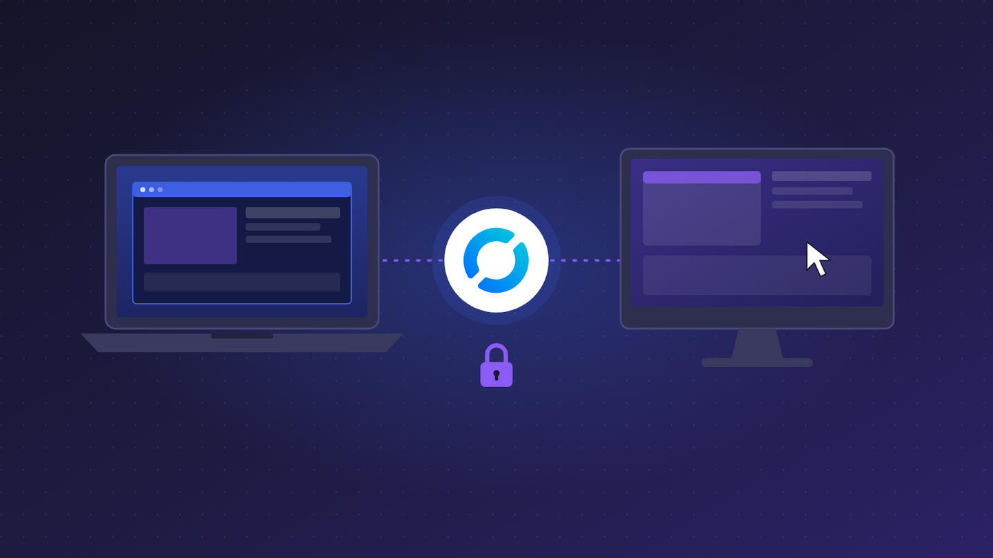 Illustration: Laptop und Büro-PC, verbunden über RustDesk mit gesicherter Fernwartungsverbindung