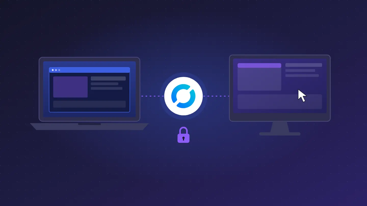 Illustration: Laptop und Büro-PC, verbunden über RustDesk mit gesicherter Fernwartungsverbindung